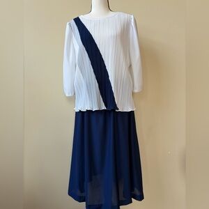Elegant Navy and White Pleated Dress